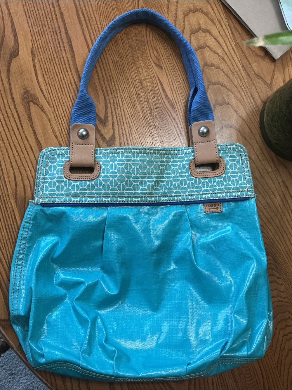 Fossil Turquoise Tote with Blue Handles